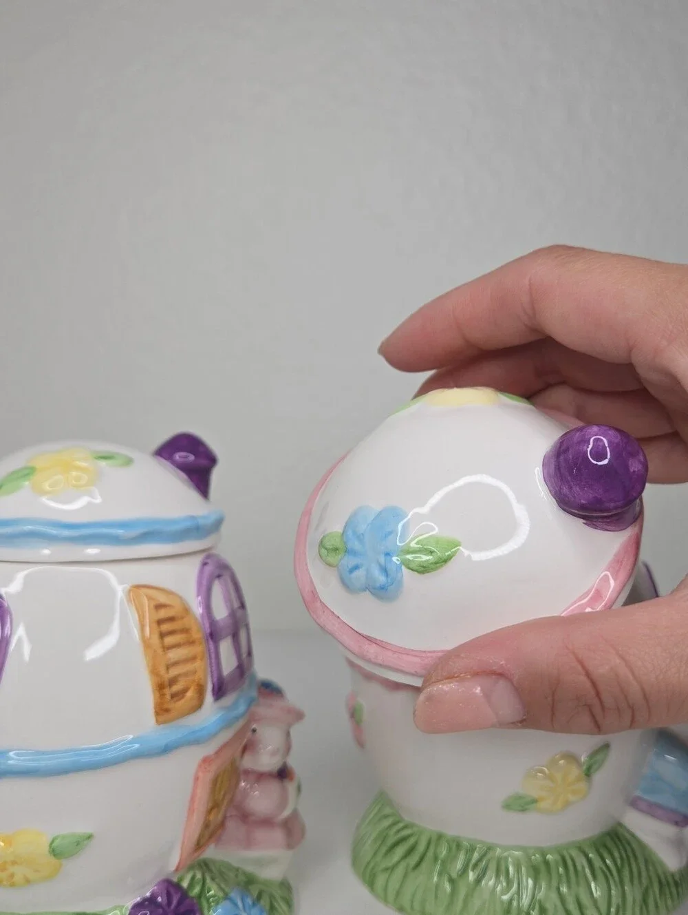 Ceramic Cottage Egg Bunny Girl and Boy Set‎ Easter Candy Jars VTG Whimsical